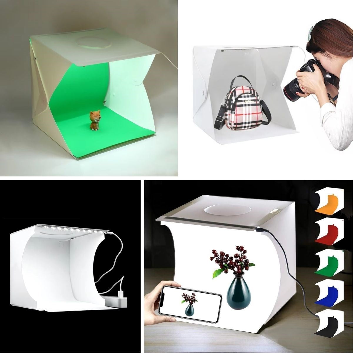 GENEL® Katlanır Işıklı Fotoğraf Stüdyosu 40x40 cm 6 Renk Fonlu Ürün Çekimi İçin Uygun Fotoğraf Çekim Kutusu