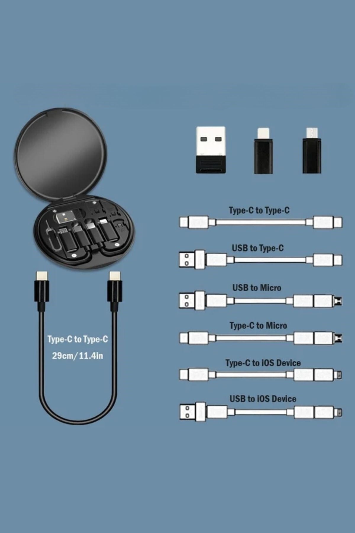 BUFFER® 60w Destekli Kablo Kutusu Seyahat Kablo Seti 5'i 1 arada USB Type-C Şarj Kablosu Seti