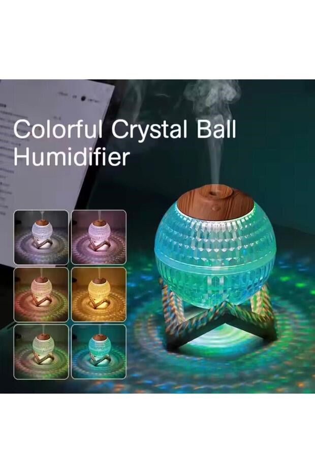 sonx Renkli Kristal Küre Tasarımlı LED Işıklı Hava Nemlendirici - Sessiz Çalışma ve Ahşap Desenli Kapak
