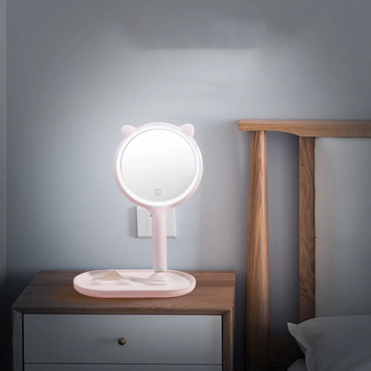 BUFFER® Kedi Kulaklı Telefon Standlı Yuvarlak Dokunmatik Led Ayarlı Masa Üstü Makyaj Aynası - UcuzaGeliyor