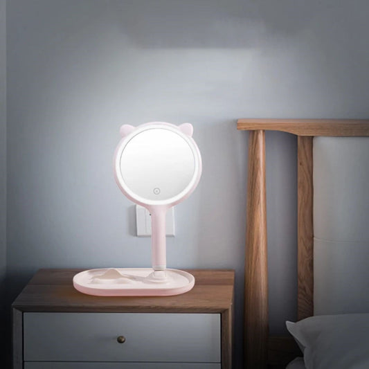 BUFFER® Kedi Kulaklı Telefon Standlı Yuvarlak Dokunmatik Led Ayarlı Masa Üstü Makyaj Aynası - UcuzaGeliyor