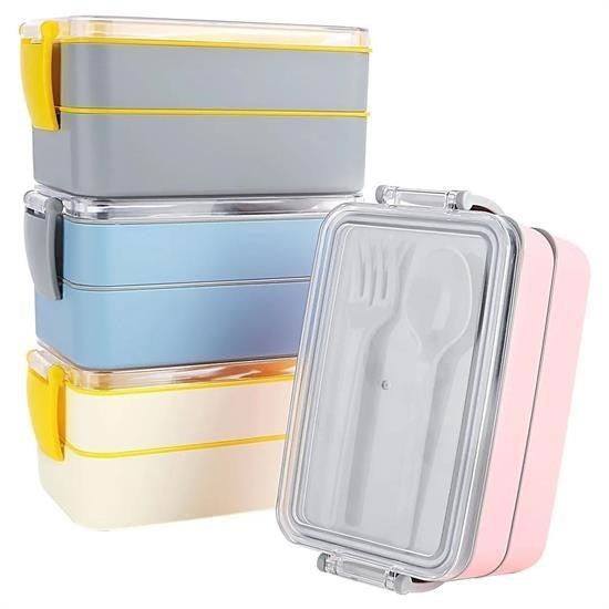 GENEL® 2 Bölmeli Çok Amaçlı 900 ml Kapasiteli Çatal Kaşıklı Dayanıklı Beslenme Kabı Yiyecek Kutusu