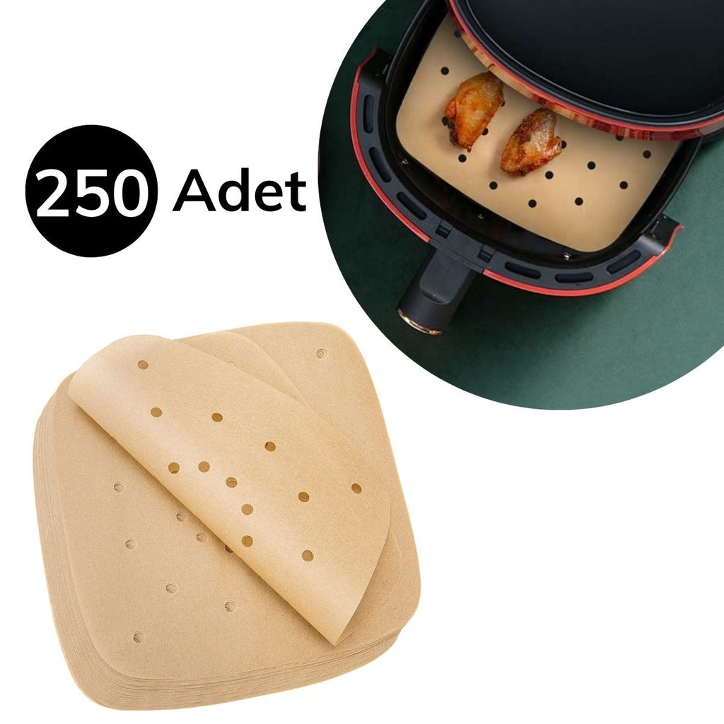 GENEL® 250 Adet Air Fryer Pişirme Kağıdı Tek Kullanımlık Hava Fritöz Yağ Geçirmez Yapışmaz Gıda Pişirme Kağıdı Delikli Kare Model