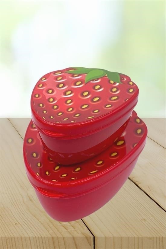 GENEL® 2'li İç İçe Geçebilen Çilek Model Saklama ve Beslenme Kabı Seti (550 ml + 250 ml)