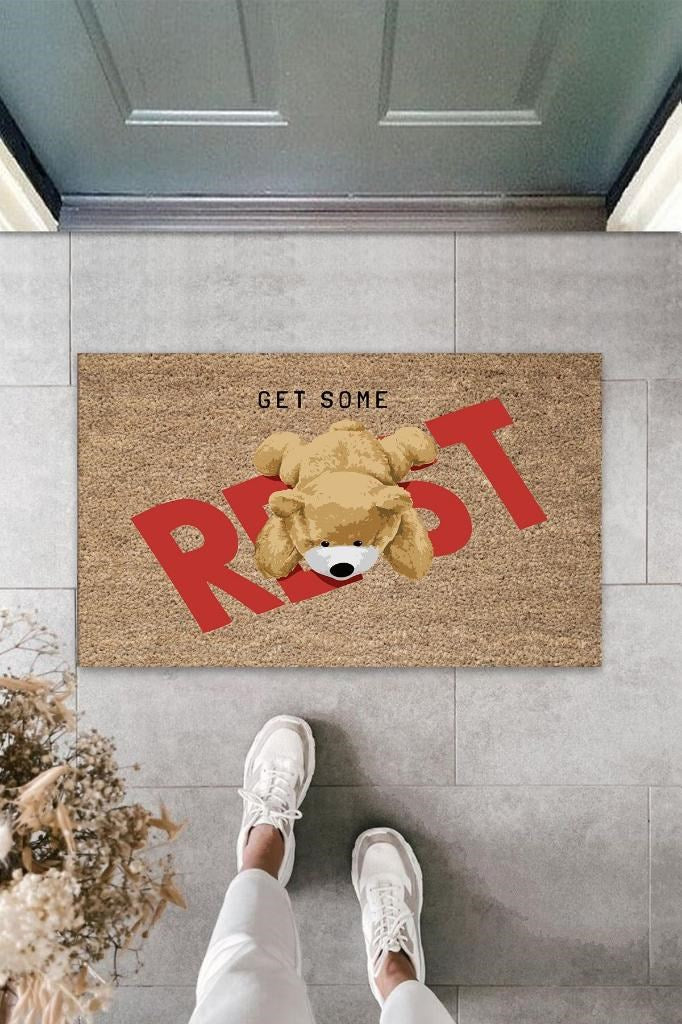 Bej Kapı Önü Paspası Get Some Rest Ayıcık Desen  K-3326 - UcuzaGeliyor