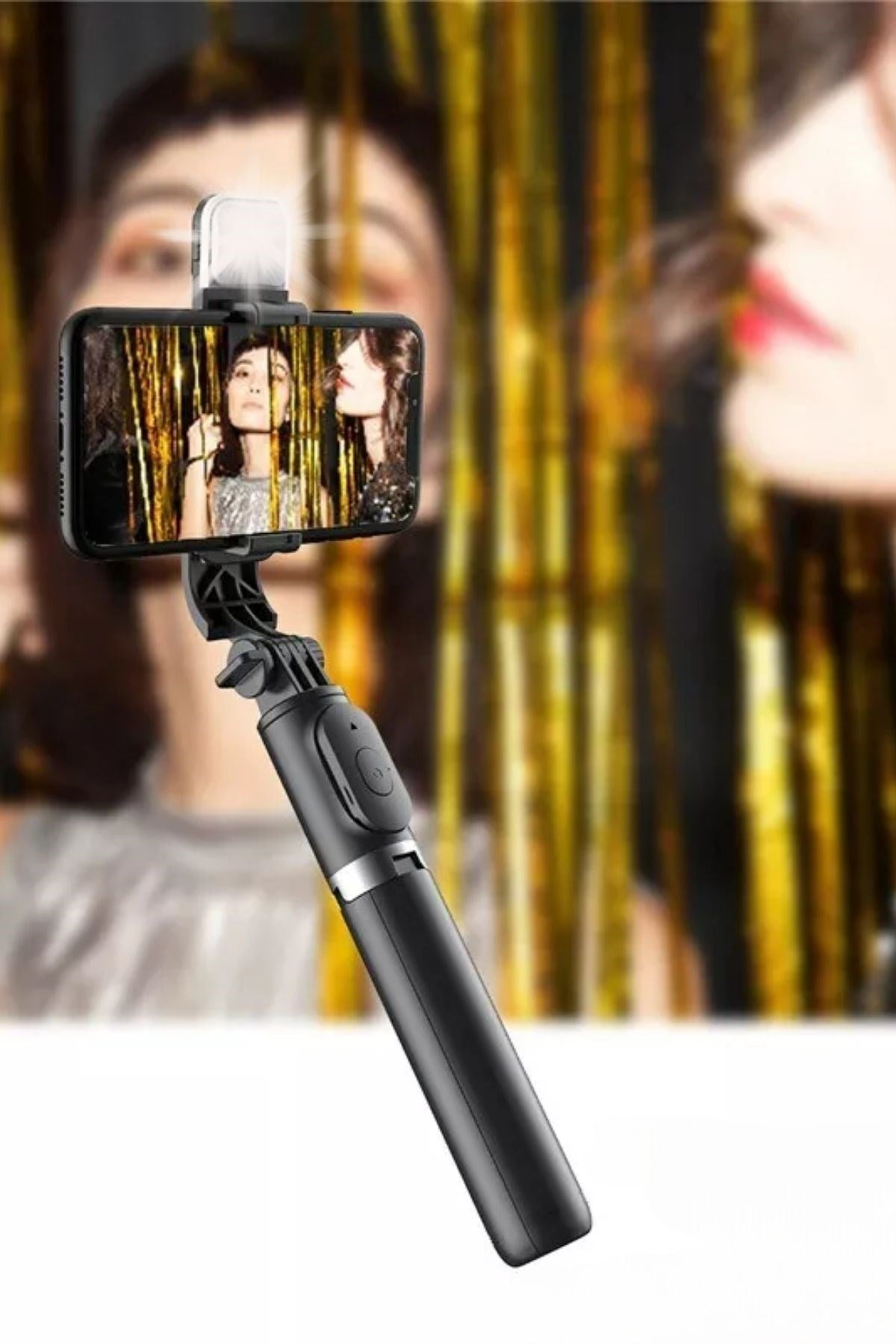 BUFFER® Kendiliğinden Işıklı Masaüstü Tripod Olabilen Telefon Tutuculu Kablosuz Kumandalı Selfie Çubuğu