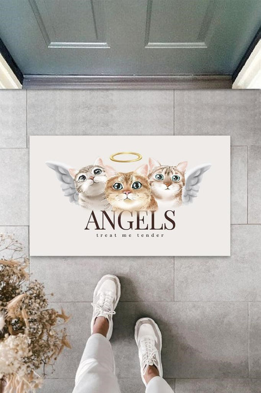 Home Beyaz Kapı Önü Paspası Angels Kediler Desen  K-3343 - UcuzaGeliyor