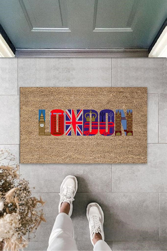 Dijital Baskı Bej London Yazı Paspas K-3149 - UcuzaGeliyor