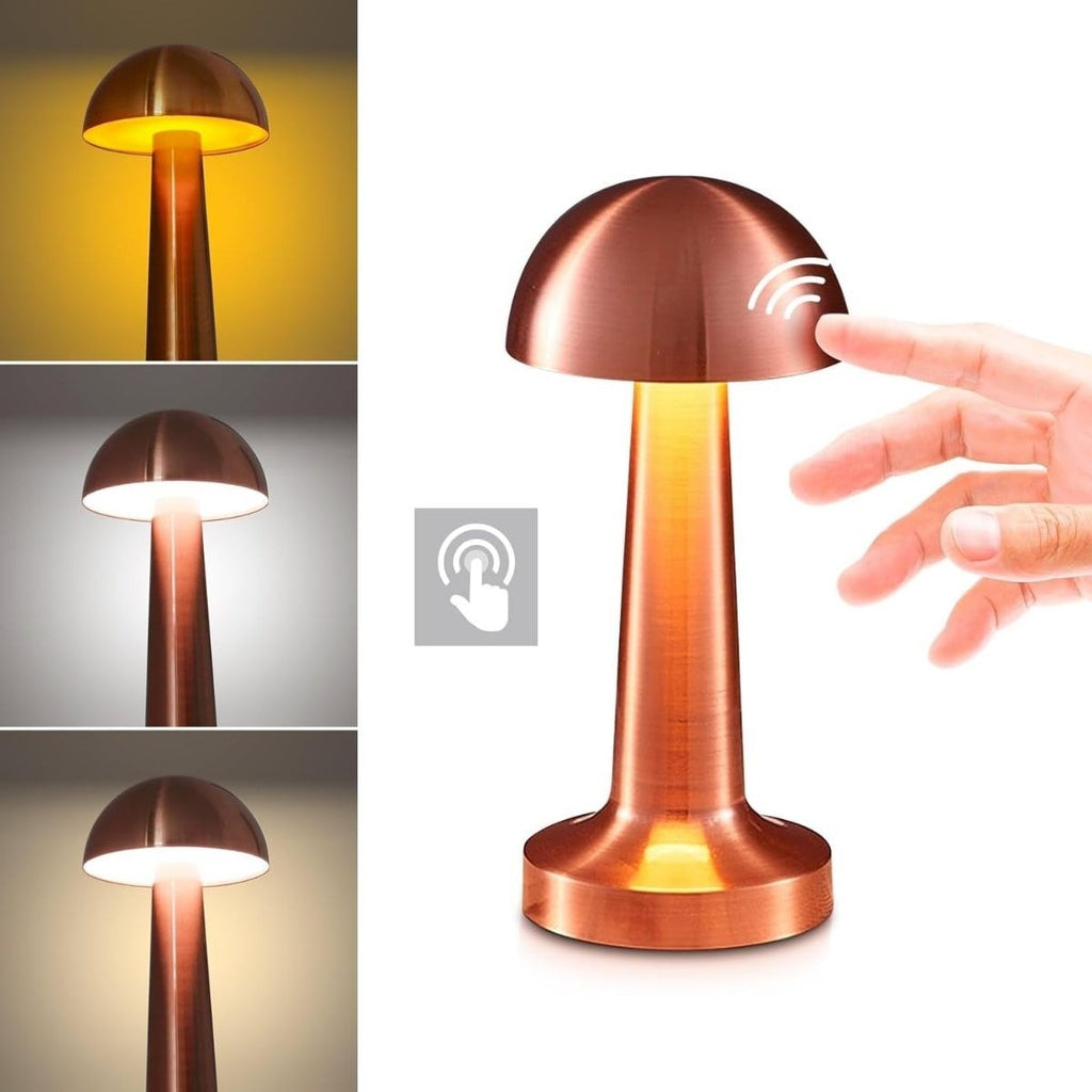 BUFFER® Mantar Model Bronz Renk Şarjlı Dokunmatik 3 Renkli LED Masa Lambası