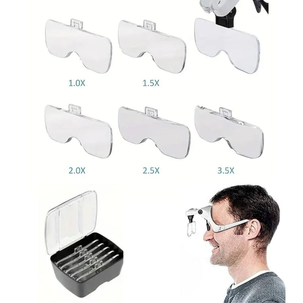 BUFFER® 5 Lensli 2 Led Işıklı Ayarlanabilir Pilli Gözlük Tipi Büyüteç