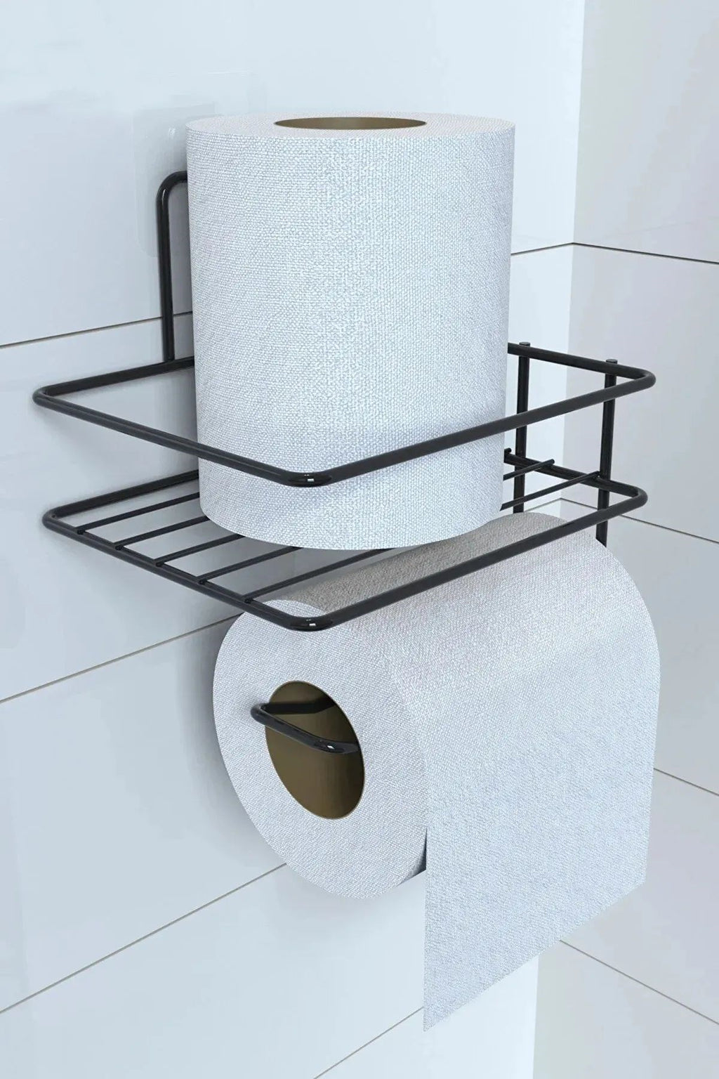 BUFFER® Kendiliğinden Yapışkanlı Tuvalet Kağıdı Tutacağı ve Yedek Raf - Siyah Modern Metal Tasarım