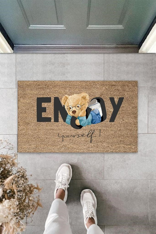 Bej Kapı Önü Paspası Enjoy Yourself Ayıcık Desen  K-3337 - UcuzaGeliyor