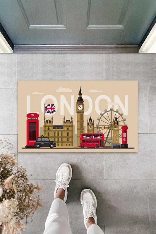 Dijital Baskı Bej London Temalı Paspas K-3020 - UcuzaGeliyor