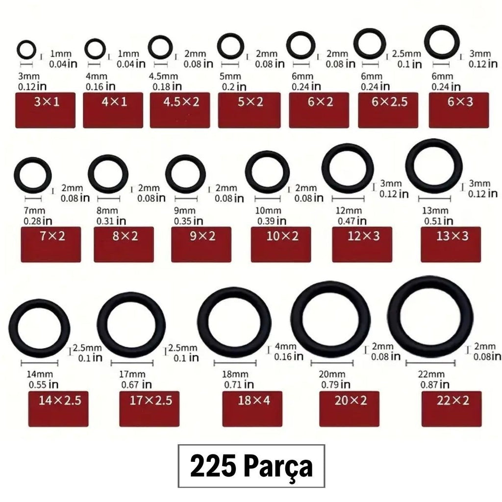BUFFER® 225 Parça Kauçuk Conta Seti ,Kendiliğinden Saklama Kutulu O Halkası Seti