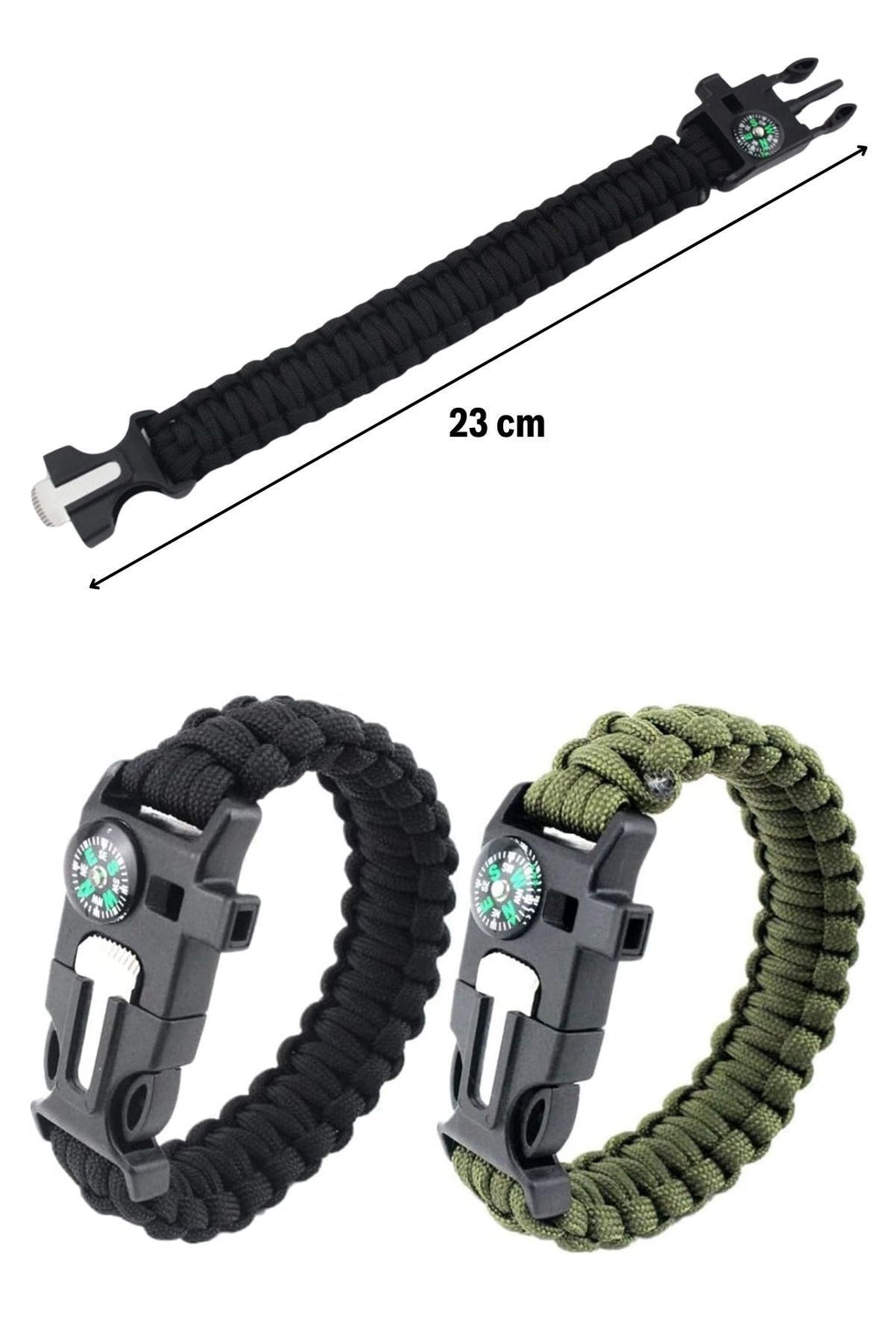 BUFFER® 5'i 1 Arada Çok Fonksiyonlu Hayatta Kalma Bilekliği Pusula, Düdük, Çakmak Taşı ve Şemsiye İpi Bileklik