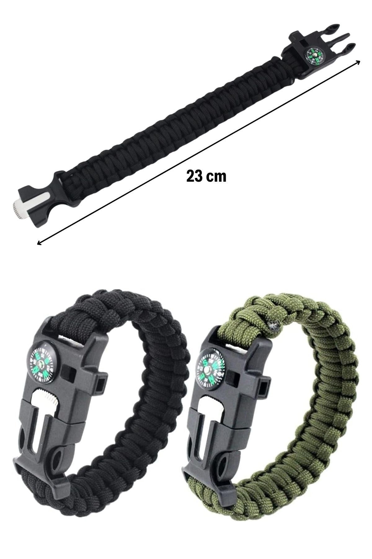 BUFFER® 5'i 1 Arada Çok Fonksiyonlu Hayatta Kalma Bilekliği Pusula, Düdük, Çakmak Taşı ve Şemsiye İpi Bileklik