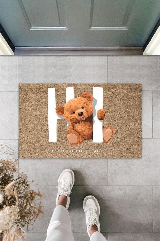 Dekoratif Dijital Nice To Meet You Ayıcık Bej Kapı Paspası Dış Mekan Paspas K-3061 - UcuzaGeliyor