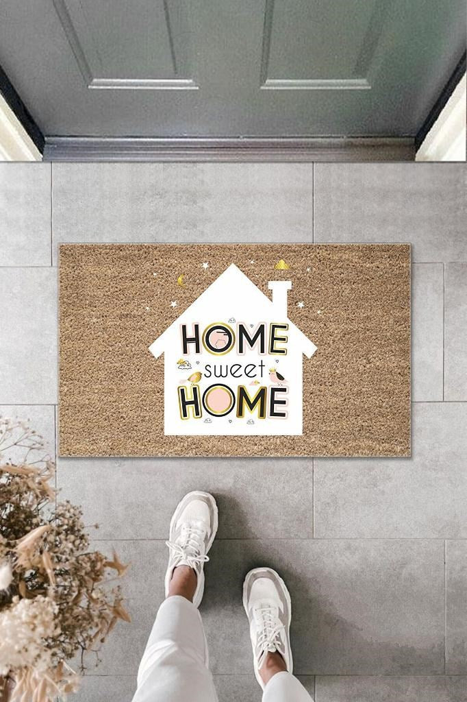 Dijital Baskı Kahverengi Home Sweet Home Yazılı Beyaz Ev Dekoratif Kapı Paspası K-2006 - UcuzaGeliyor
