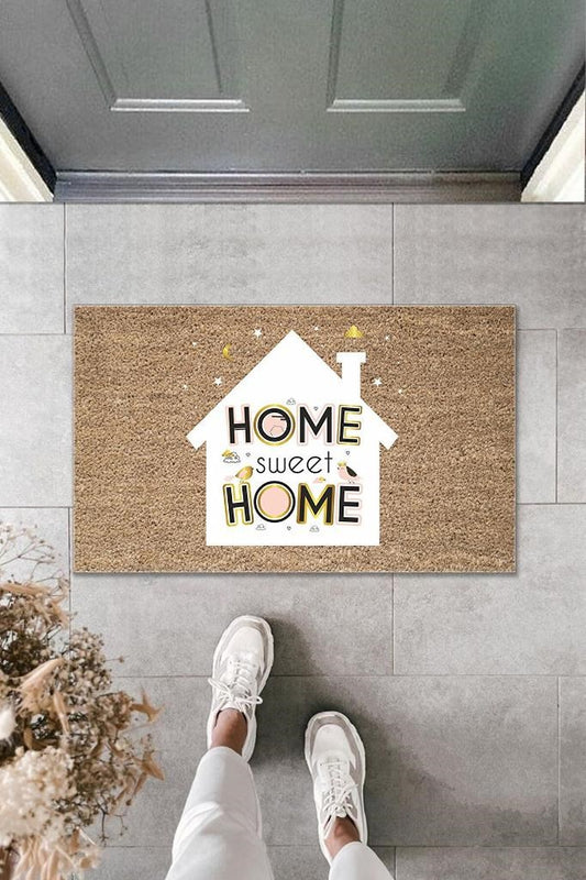 Dijital Baskı Kahverengi Home Sweet Home Yazılı Beyaz Ev Dekoratif Kapı Paspası K-2006 - UcuzaGeliyor