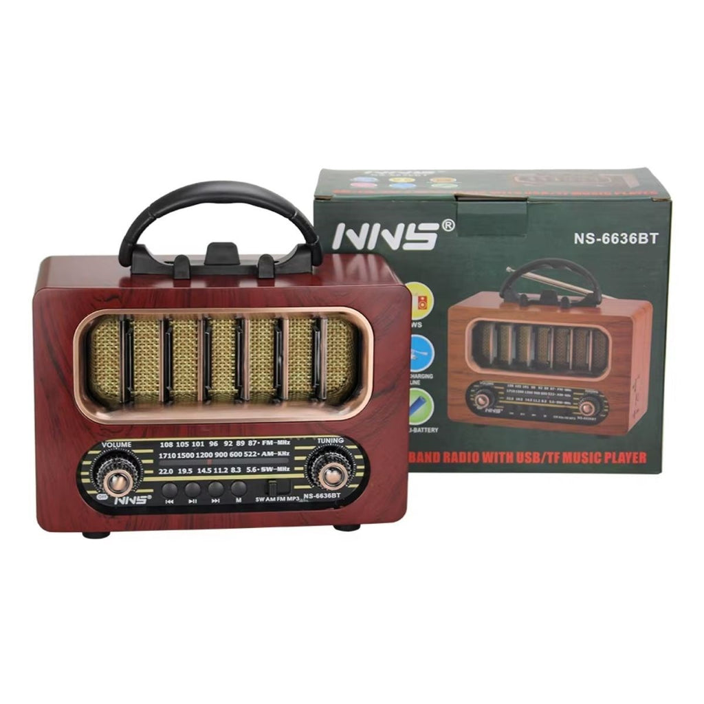 BUFFER® Orta Boy Retro Ahşap Tasarım Bluetooth Hoparlörlü Radyo - FM/AM Destekli, Şarjlı ve Taşınabiliri Radyo NS-6636