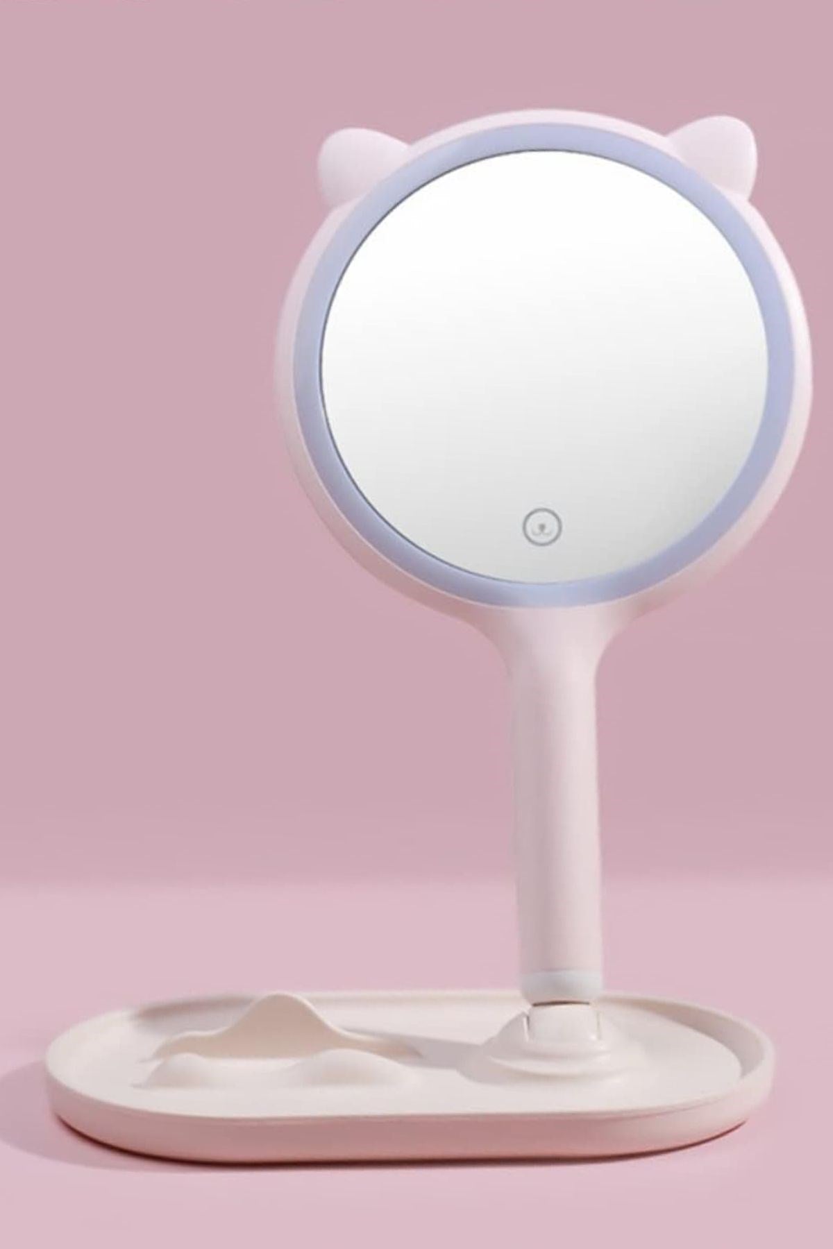 BUFFER® Kedi Kulaklı Telefon Standlı Yuvarlak Dokunmatik Led Ayarlı Masa Üstü Makyaj Aynası