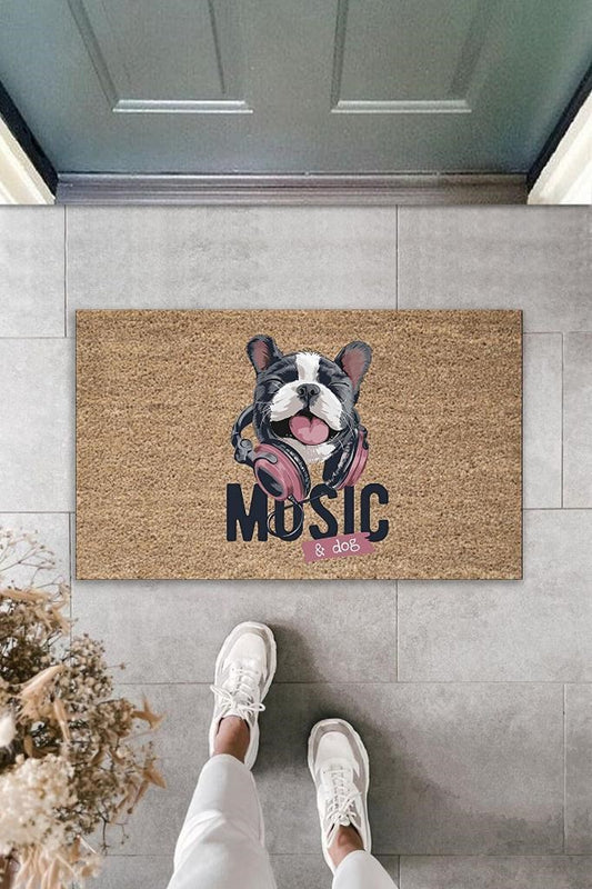 Dijital Baskı Kahverengi Music Yazılı Kulaklıklı Köpek Dekoratif Kapı Paspası K-2042 - UcuzaGeliyor