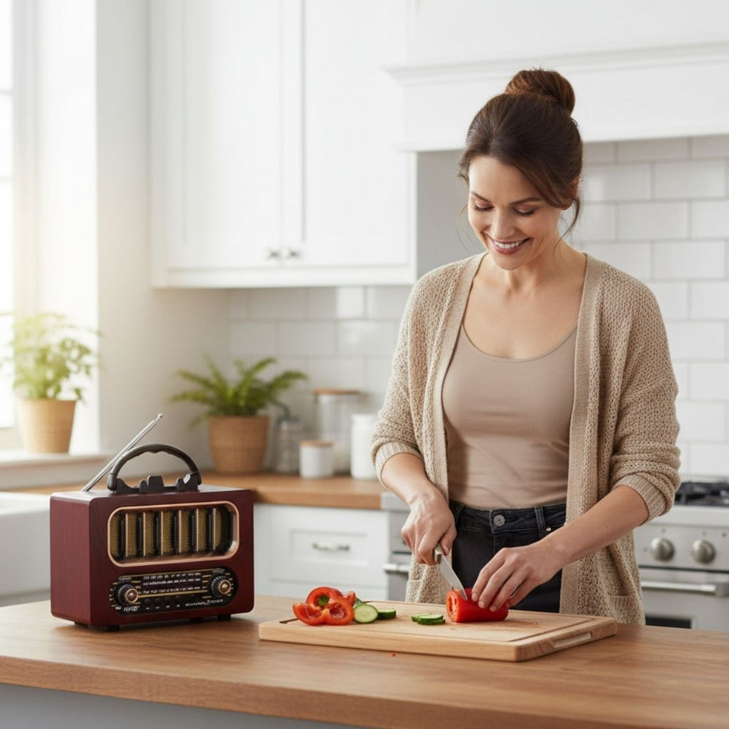 BUFFER® Orta Boy Retro Ahşap Tasarım Bluetooth Hoparlörlü Radyo - FM/AM Destekli, Şarjlı ve Taşınabiliri Radyo NS-6636