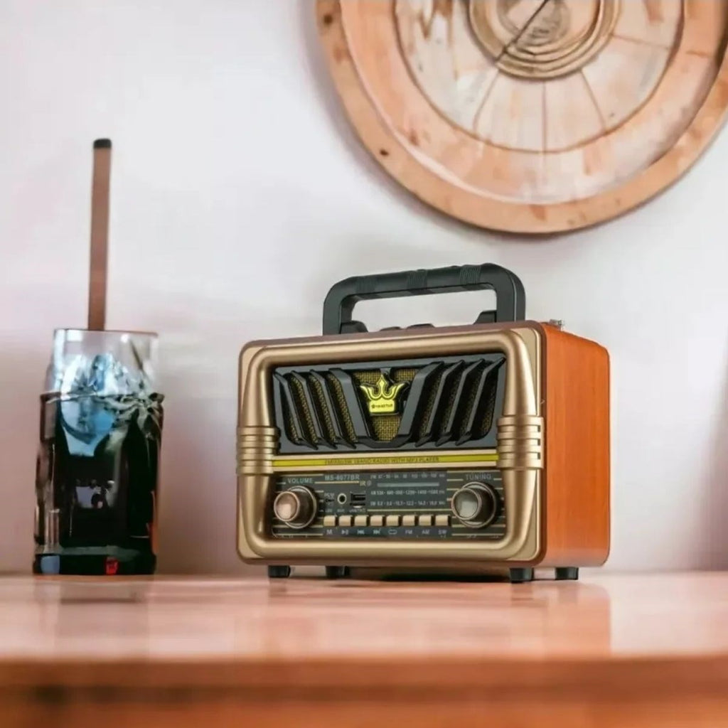 BUFFER® Büyük Boy Telefon Tutma Saplı Retro Ahşap Tasarım Bluetooth Hoparlörlü Radyo - FM/AM Destekli, Şarjlı ve Taşınabilir Radyo NS-8077