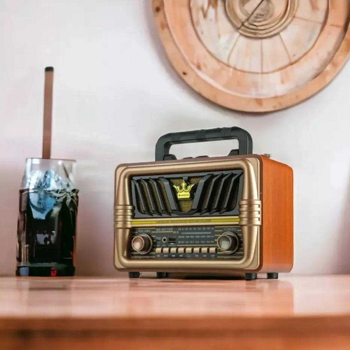 BUFFER® Büyük Boy Telefon Tutma Saplı Retro Ahşap Tasarım Bluetooth Hoparlörlü Radyo - FM/AM Destekli, Şarjlı ve Taşınabilir Radyo NS-8077