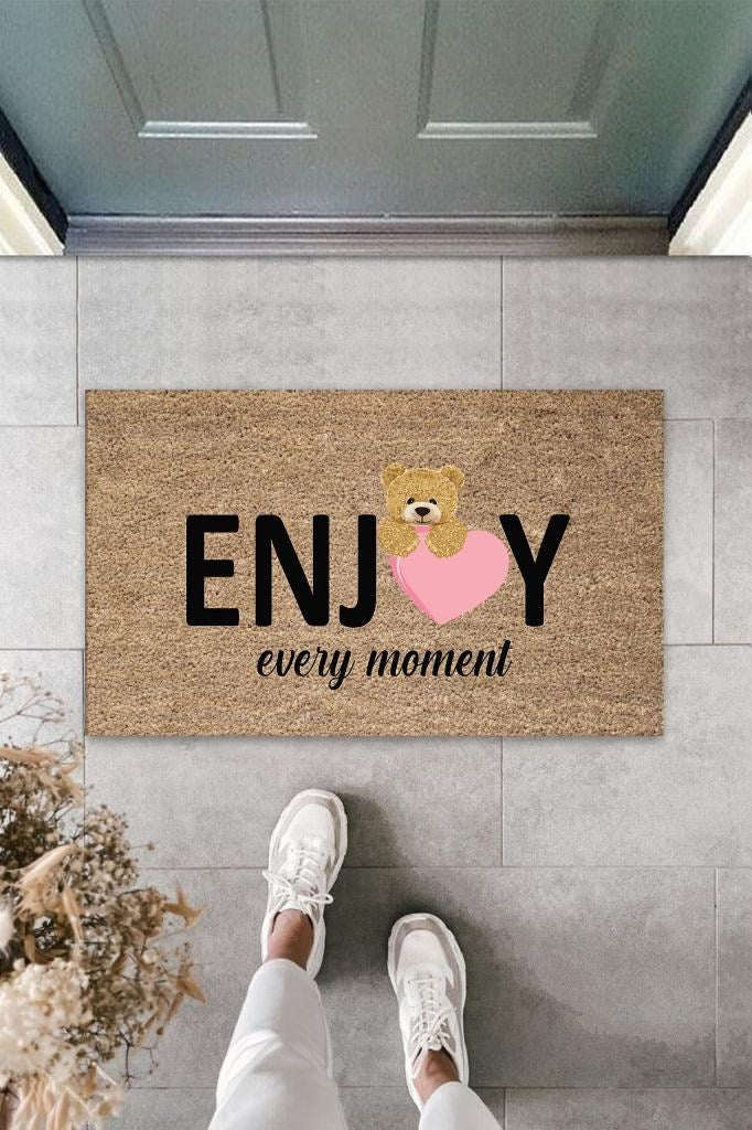 Bej Kapı Önü Paspası Enjoy Ever Moment Ayıcık Desen  K-3351 - UcuzaGeliyor