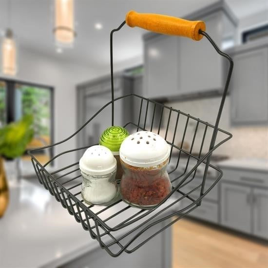 GENEL® Retro Ferforje Askılı Siyah  Ahşap Kulplu Düzenleyici Mutfak Sepeti