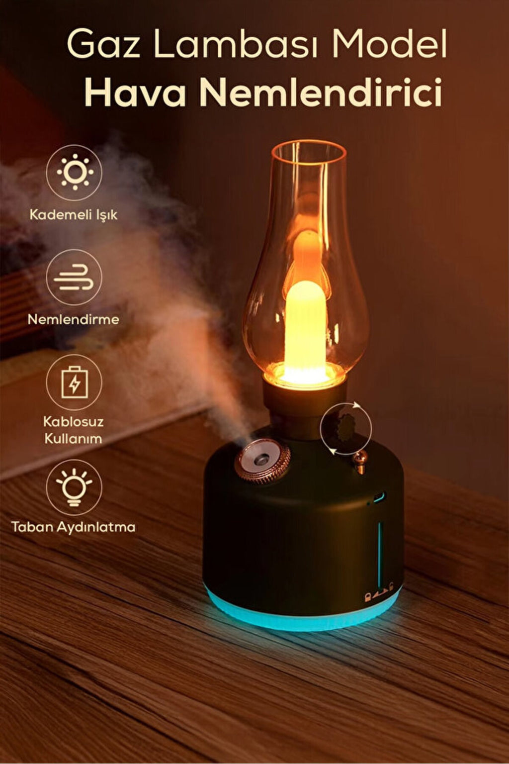 Vintage Alev Efektli Gece Lambalı Hava Nemlendirici - Ayarlanabilir Işık ve Buhar Gücü