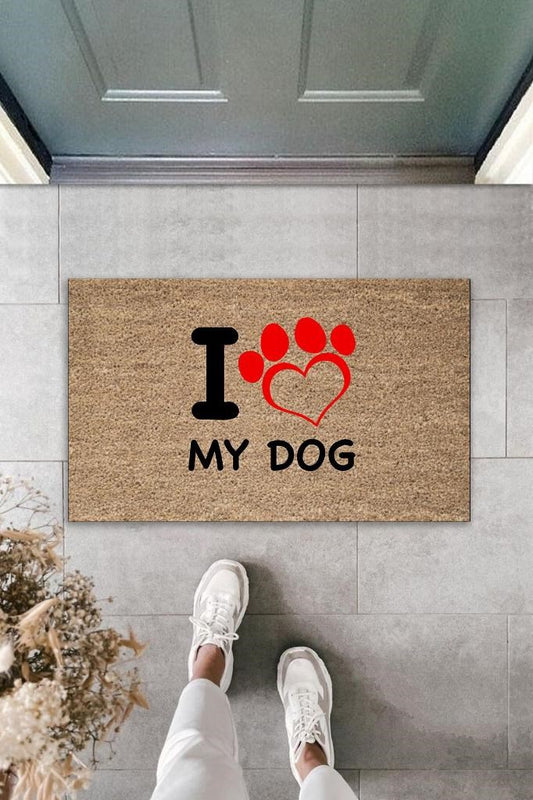 Dijital Baskı Kahverengi Kırmızı Kalpli I Love My Dog Dekoratif Kapı Paspası K-2016 - UcuzaGeliyor