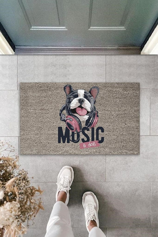 Dijital Baskı Gri Music Yazılı Kulaklıklı Köpek Dekoratif Kapı Paspası K-2043 - UcuzaGeliyor