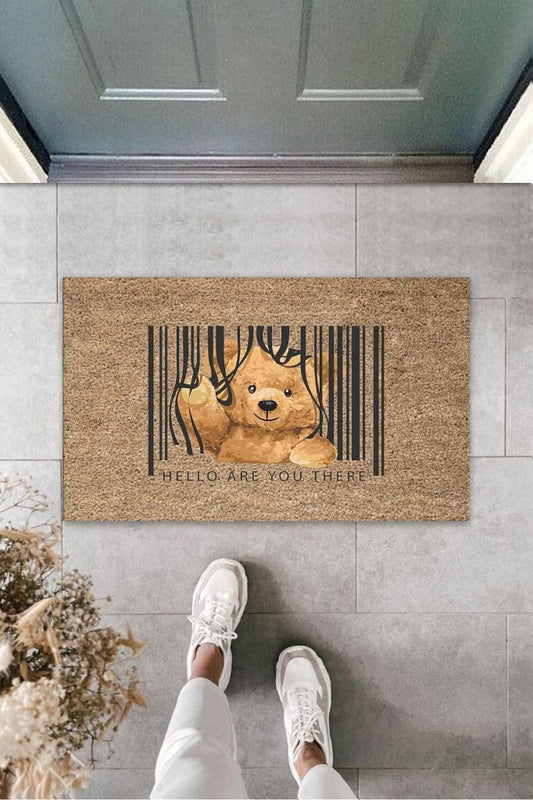 Kahverengi Kapı Önü Paspası Hello Are You There Ayıcık Desen  K-3283 - UcuzaGeliyor
