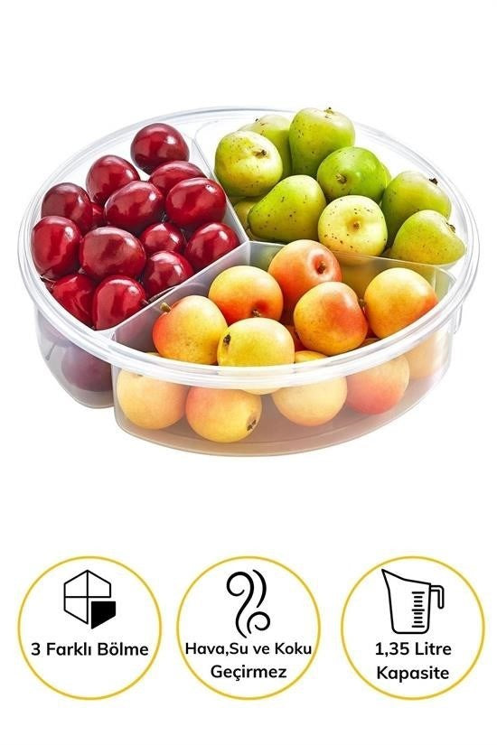 GENEL® 3 Bölmeli Sızdırmaz Contalı Kilitli Kapaklı 1,35 Litre yuvarlak Erzak Saklama Kabı LC-500