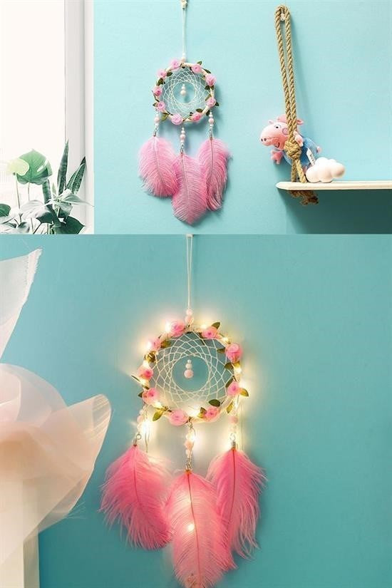 BUFFER® El Yapımı Kuş Tüyü ve Led Işıklı Dekoratif Asma Düş Rüya Kapanı