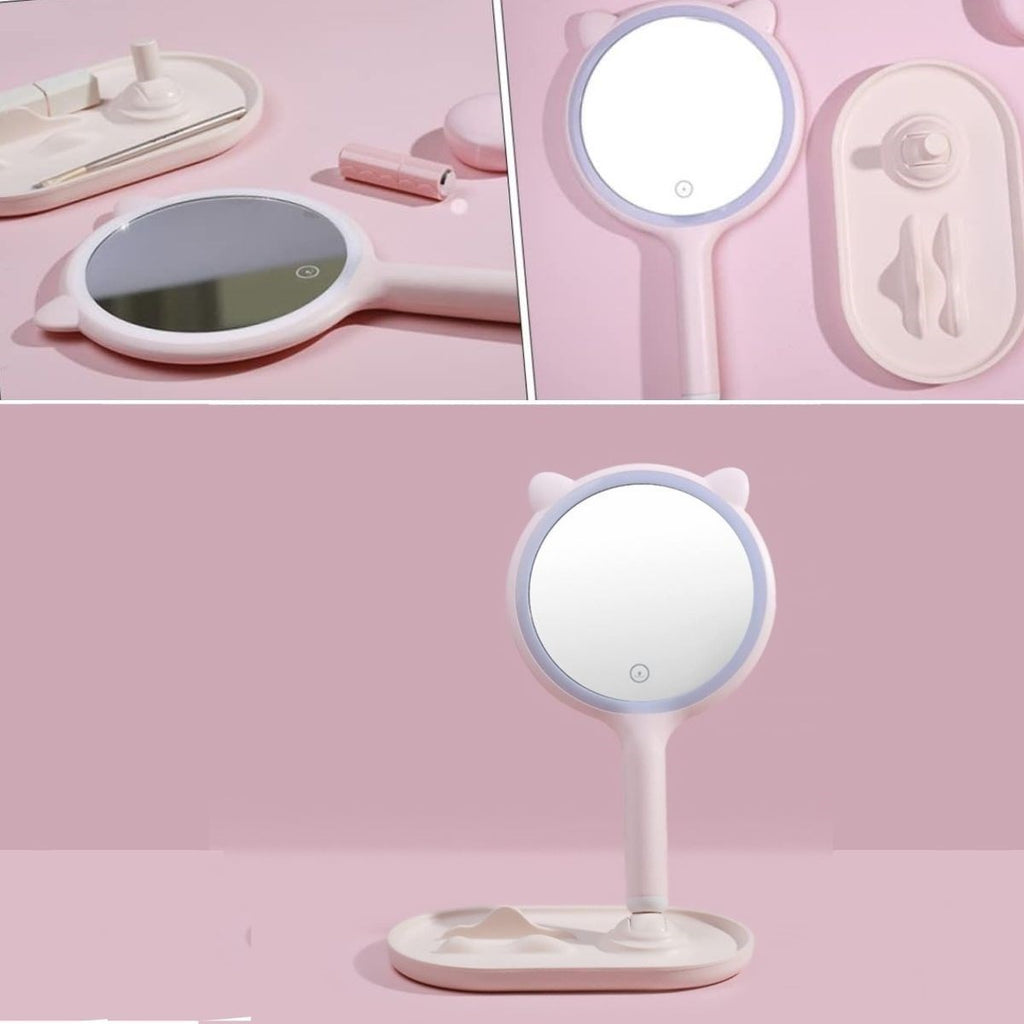 BUFFER® Kedi Kulaklı Telefon Standlı Yuvarlak Dokunmatik Led Ayarlı Masa Üstü Makyaj Aynası