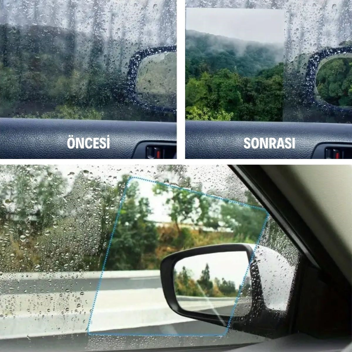BUFFER® 4 Parça Yan Aynalar ve Yan Camlar İçin Araç Ayna Yağmur Kaydırıcı ve Cam Buğu Önleyici Film Seti