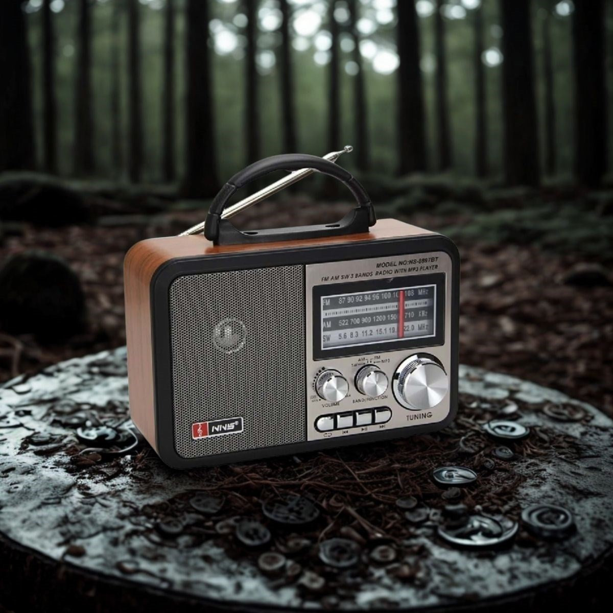 BUFFER® Orta Boy Retro, Nostaljik, Ahşap Tasarım Bluetooth Hoparlörlü, Şarjlı, Taşınabilir FM/AM Destekli Radyo NS-8897