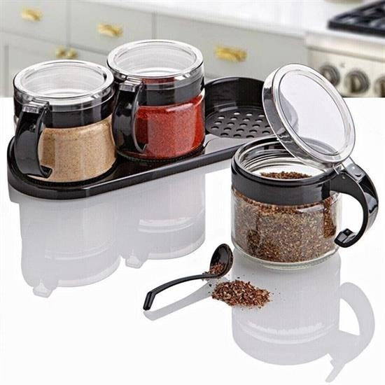 GENEL® Siyah 3lü Standlı Kapaklı Kaşıklı Cam Hava Sızdırmaz Baharatlık Takımı KC-386 - UcuzaGeliyor
