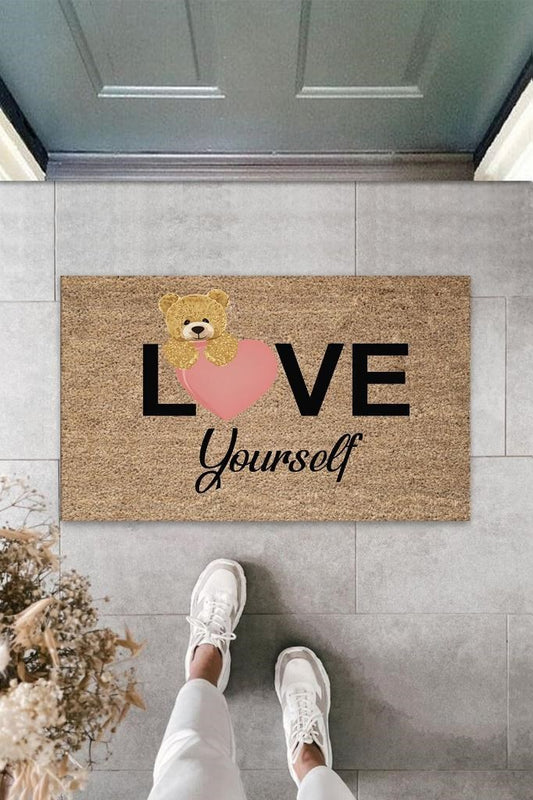 Bej Kapı Önü Paspası Love Yourself Ayıcık Desen  K-3327 - UcuzaGeliyor