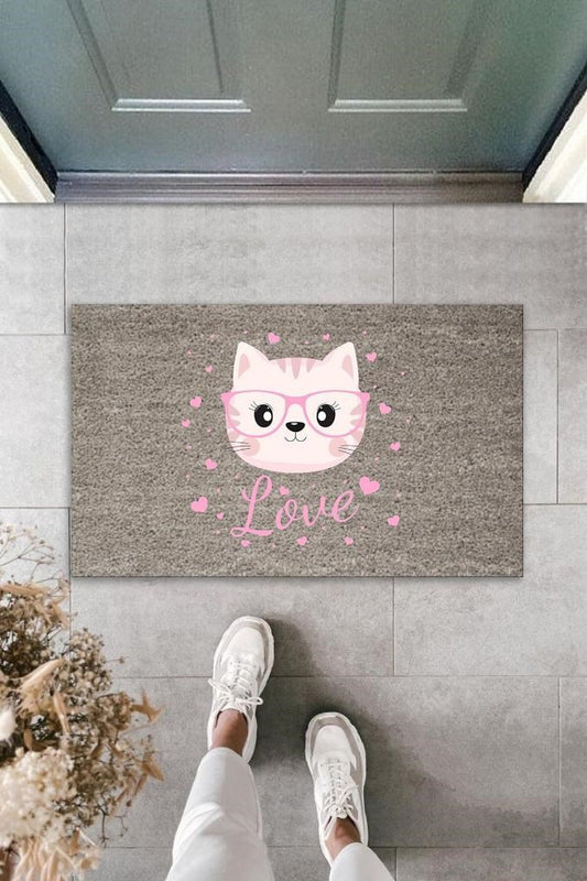 Dijital Baskı Gri Love Yazılı Pembe Gözlüklü Kedi Dekoratif Kapı Paspası K-2049 - UcuzaGeliyor