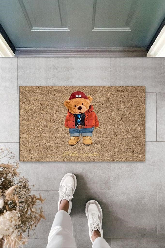 Kahverengi Kapı Önü Paspası Hello Winter Ayıcık Desen  K-3245 - UcuzaGeliyor
