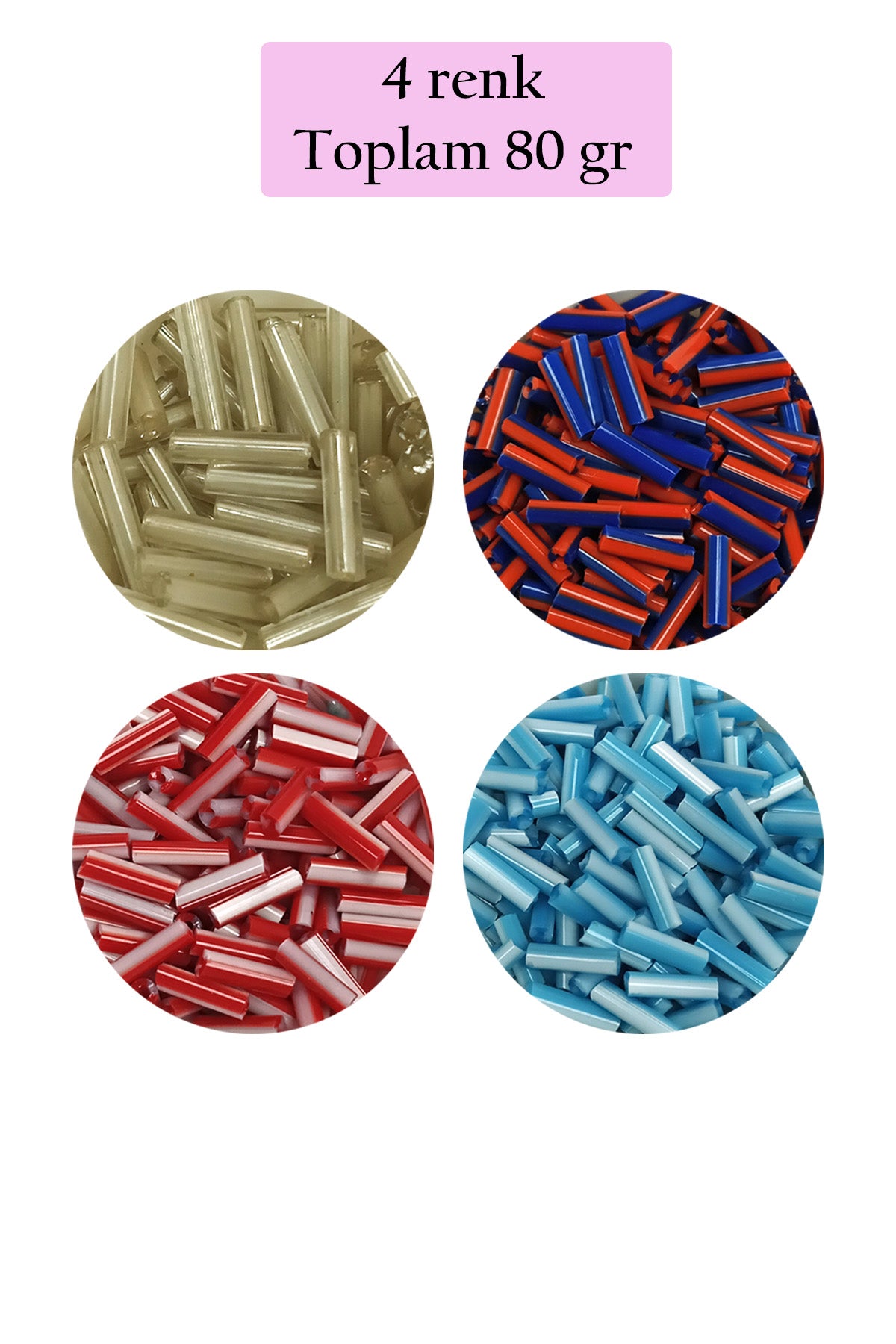 Uzun Boru Kesme Boncuk Çap 2mm Uzunluk 10 mm - 4 Renk - Toplam 80 Gram - BNC429