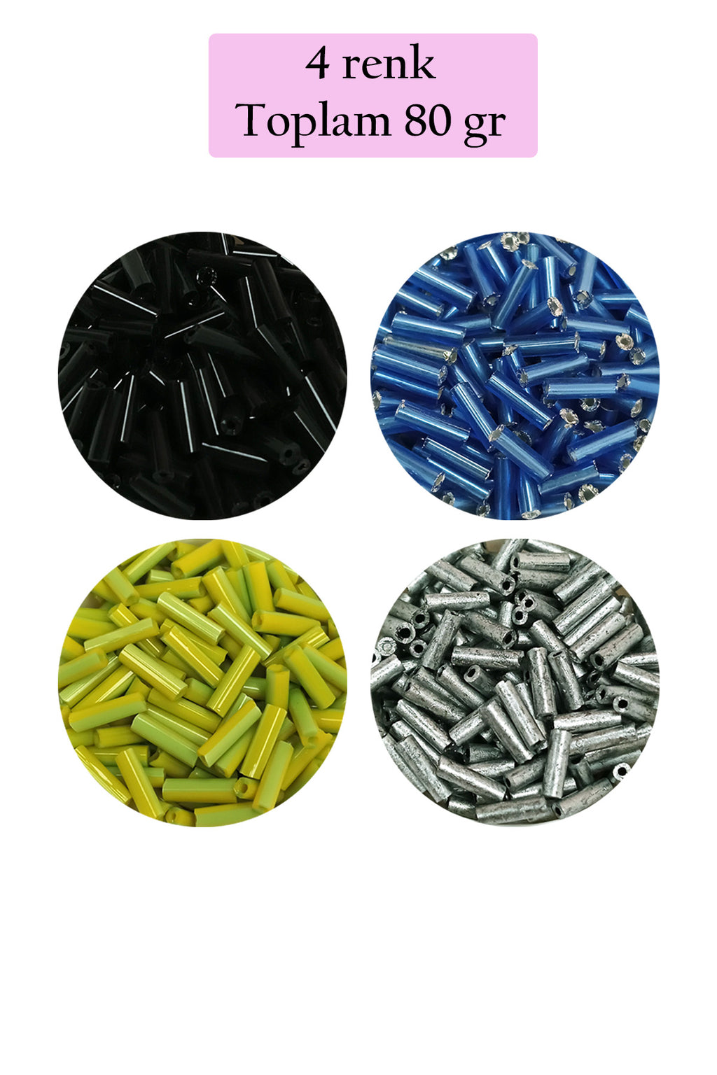 Uzun Boru Kesme Boncuk Çap 2mm Uzunluk 10 mm - 4 Renk - Toplam 80 Gram - BNC430