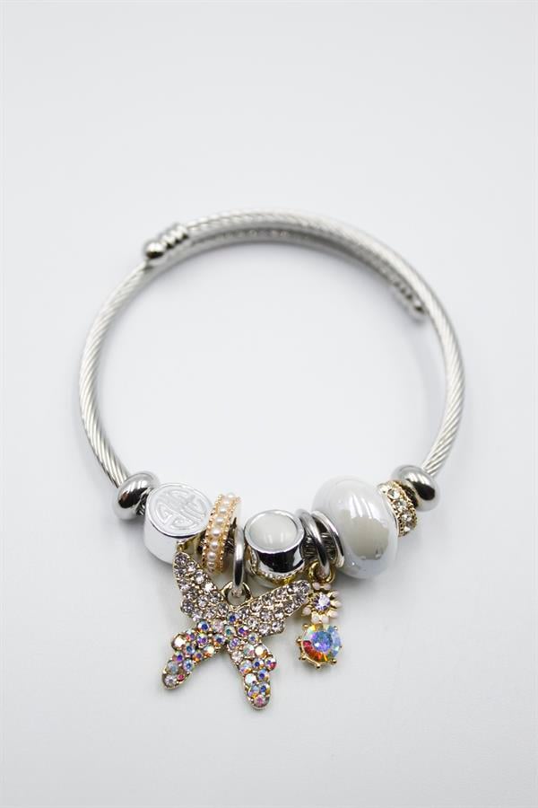 Çelik Charmlı Kelebek Bileklik - Beyaz
