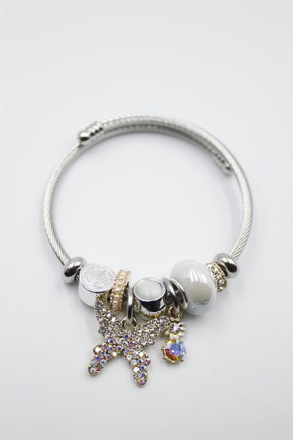 Çelik Charmlı Kelebek Bileklik - Beyaz