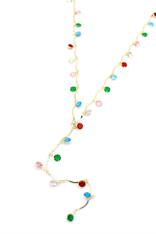 Renkli Taşlı Y Kolye - Altın