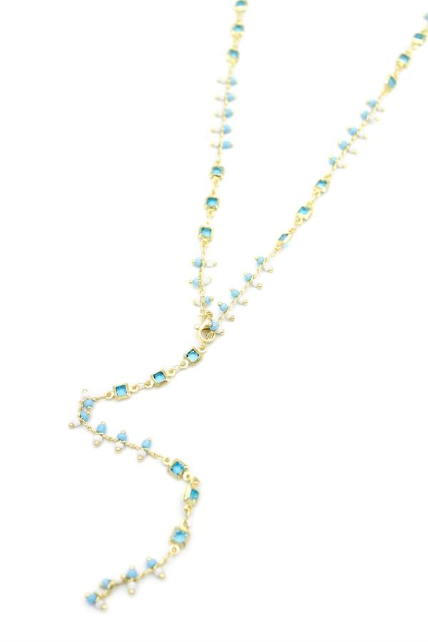 Mavi Taşlı Y Kolye - Altın